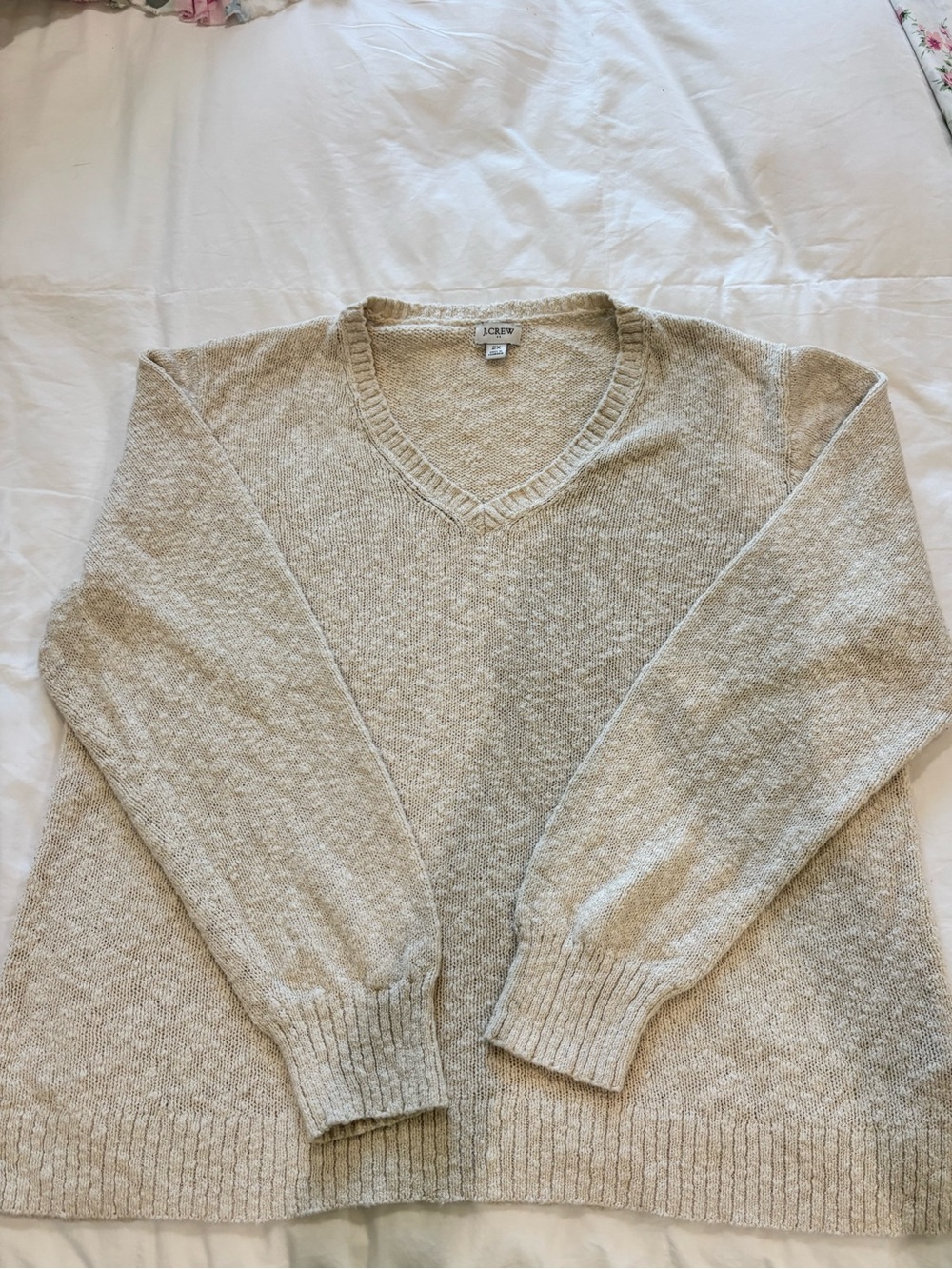 J. Crew Sz 2X Cream Oatmeal Slub Cotton Sweater V-Neck Relaxed Fit EUC - Picture 5 of 9